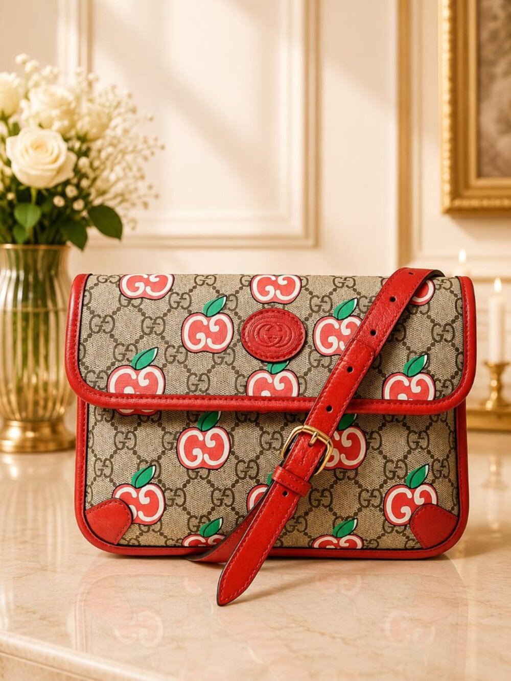 Authentic Gucci GG Supreme Apple Print Belt Bag Crossbody Waist Bag
